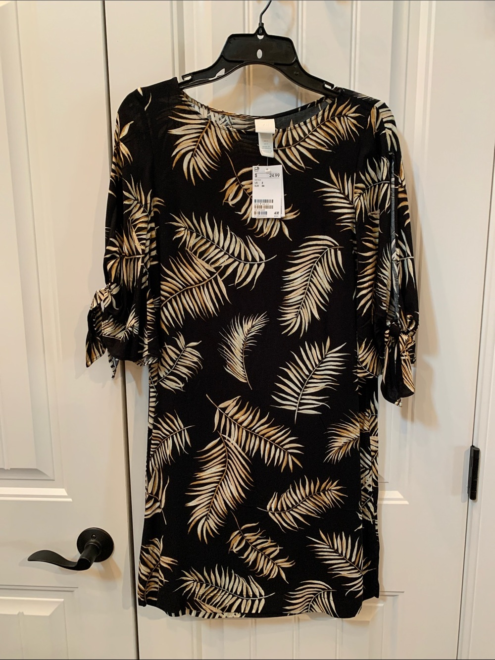 H&M Black Mini Dress with Beige Leaf Print